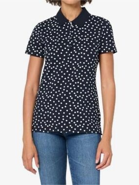 Tommy Hilfiger Navy and White Polka Dot Button Front polo shirts size L
